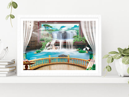 Waterfall Theme For Photomural Glass Framed Wall Art, Ready to Hang Quality Print With White Border White