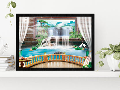 Waterfall Theme For Photomural Glass Framed Wall Art, Ready to Hang Quality Print Without White Border Black