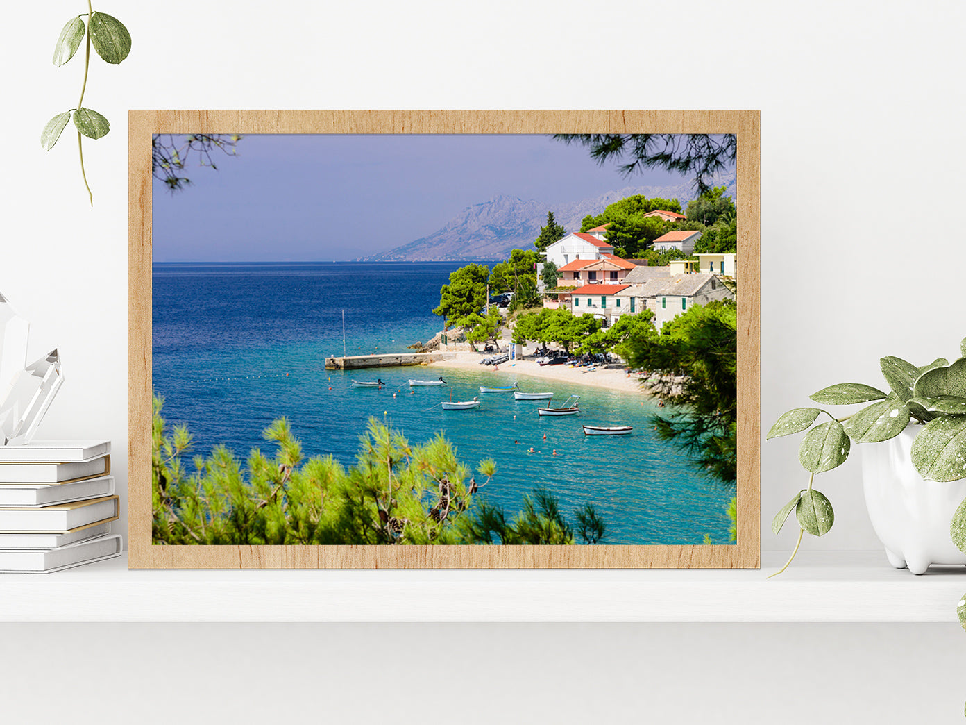 Bay In Makarska Resort With Water Glass Framed Wall Art, Ready to Hang Quality Print Without White Border Oak