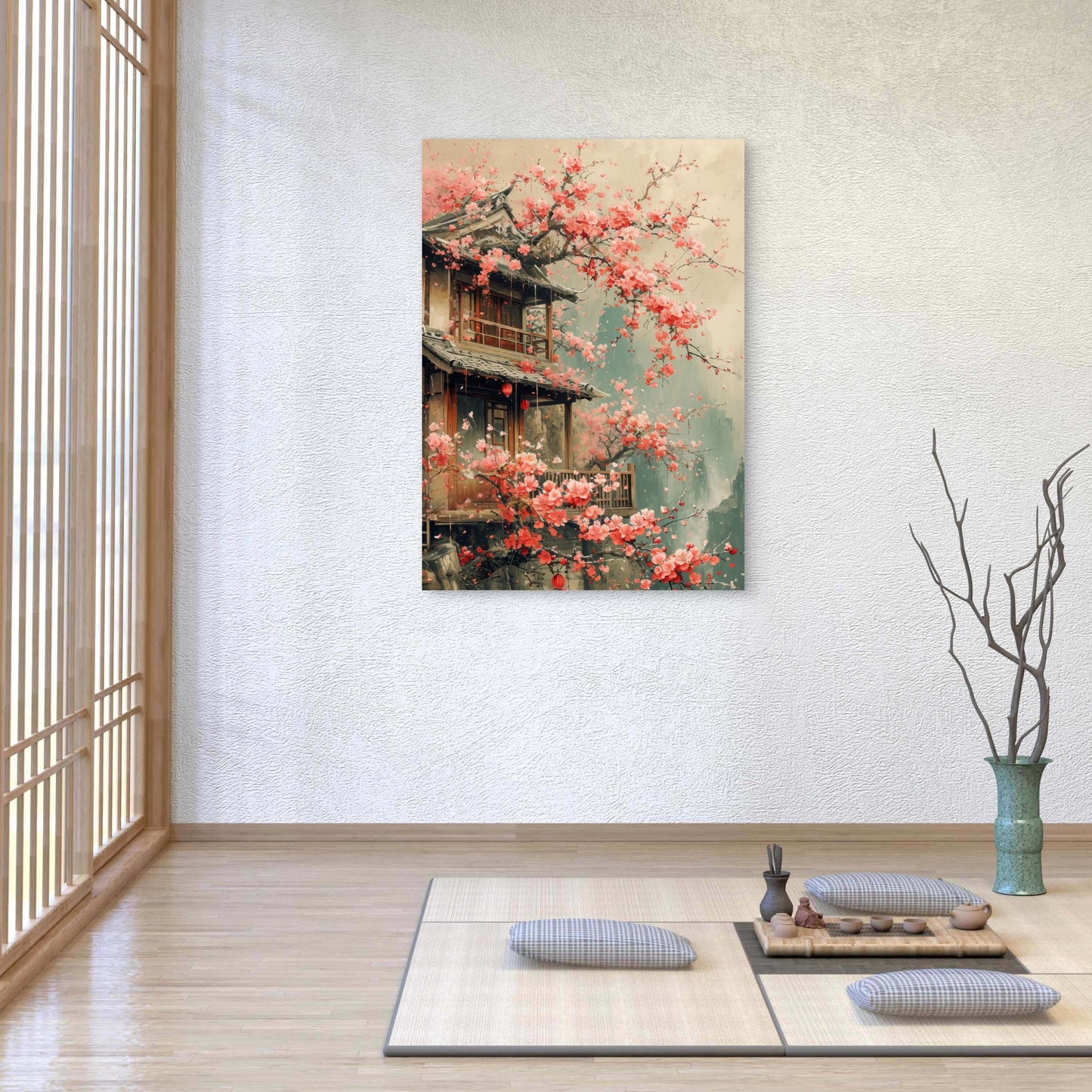 Zen Pagoda Pink Sakura Garden 60x90cm Metal Print Ready to Hang - Bella Home Decor