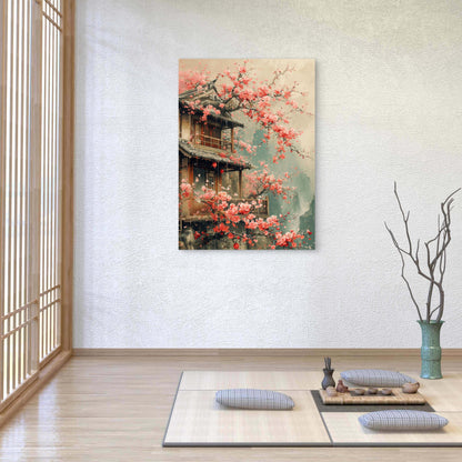 Zen Pagoda Pink Sakura Garden 60x90cm Metal Print Ready to Hang - Bella Home Decor