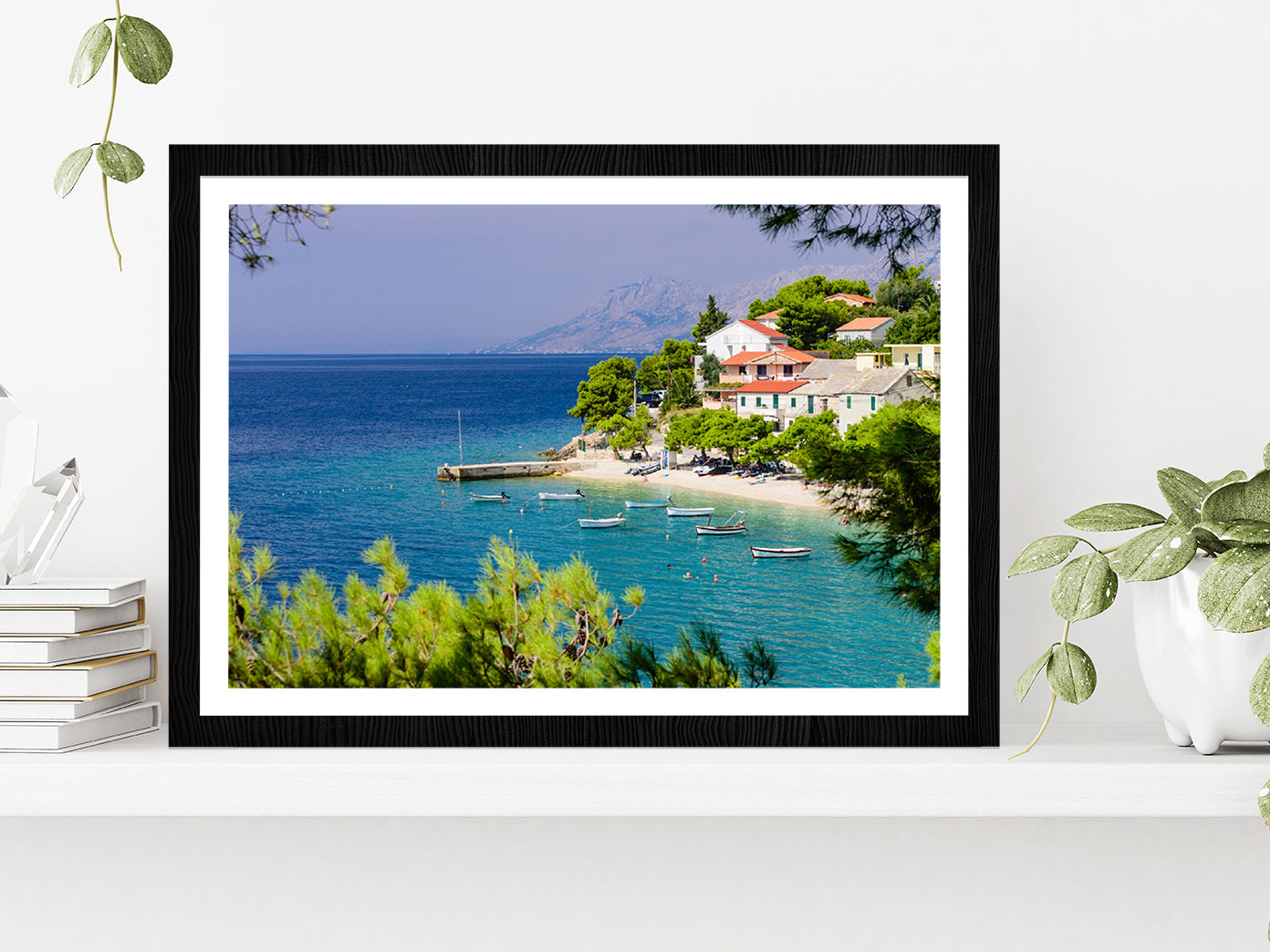 Bay In Makarska Resort With Water Glass Framed Wall Art, Ready to Hang Quality Print With White Border Black