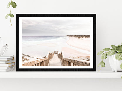 Wooden Staircase to Sand Beach Photograph Glass Framed Wall Art, Ready to Hang Quality Print With White Border Black