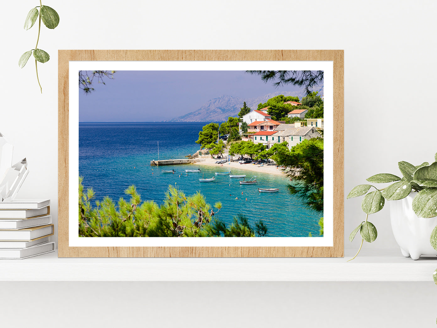 Bay In Makarska Resort With Water Glass Framed Wall Art, Ready to Hang Quality Print With White Border Oak