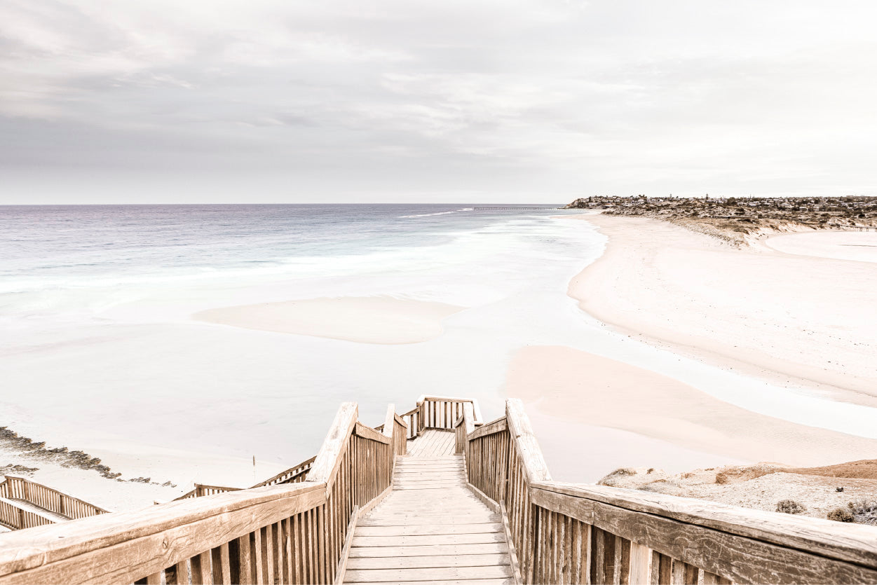 Wooden Staircase to Sand Beach Photograph Glass Framed Wall Art, Ready to Hang Quality Print