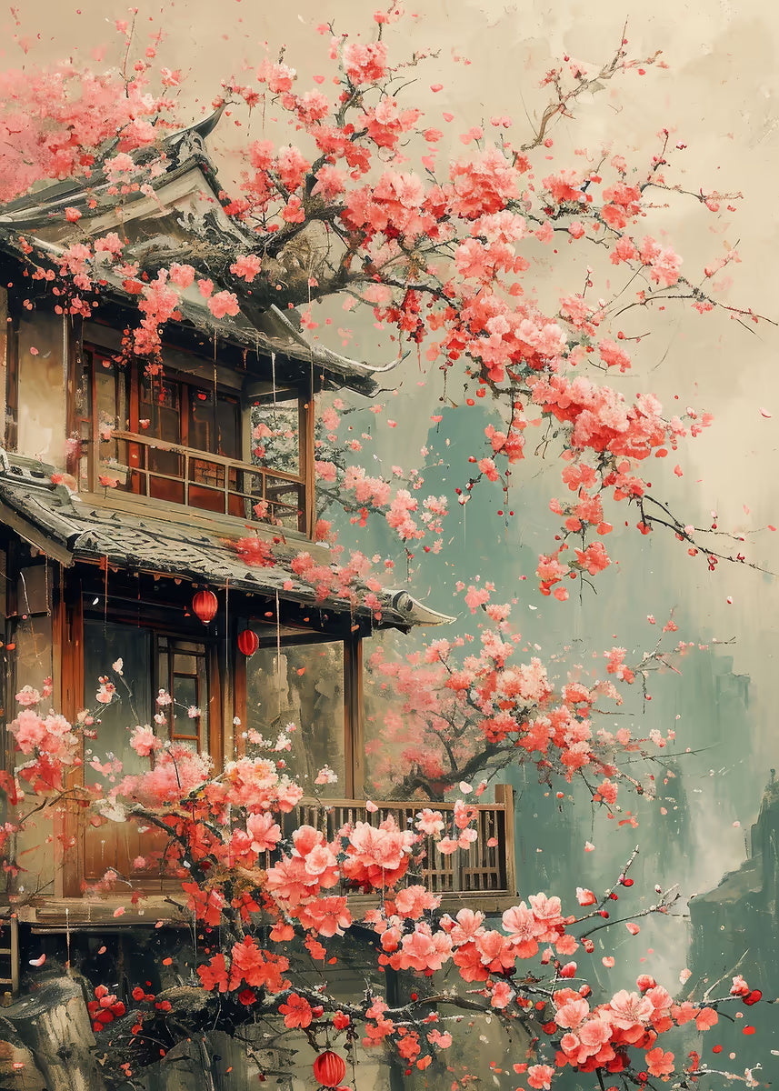 Zen Pagoda Pink Sakura Garden 40x60cm Metal Print Ready to Hang - Bella Home Decor