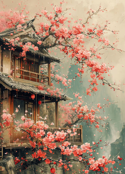 Zen Pagoda Pink Sakura Garden 40x60cm Metal Print Ready to Hang - Bella Home Decor
