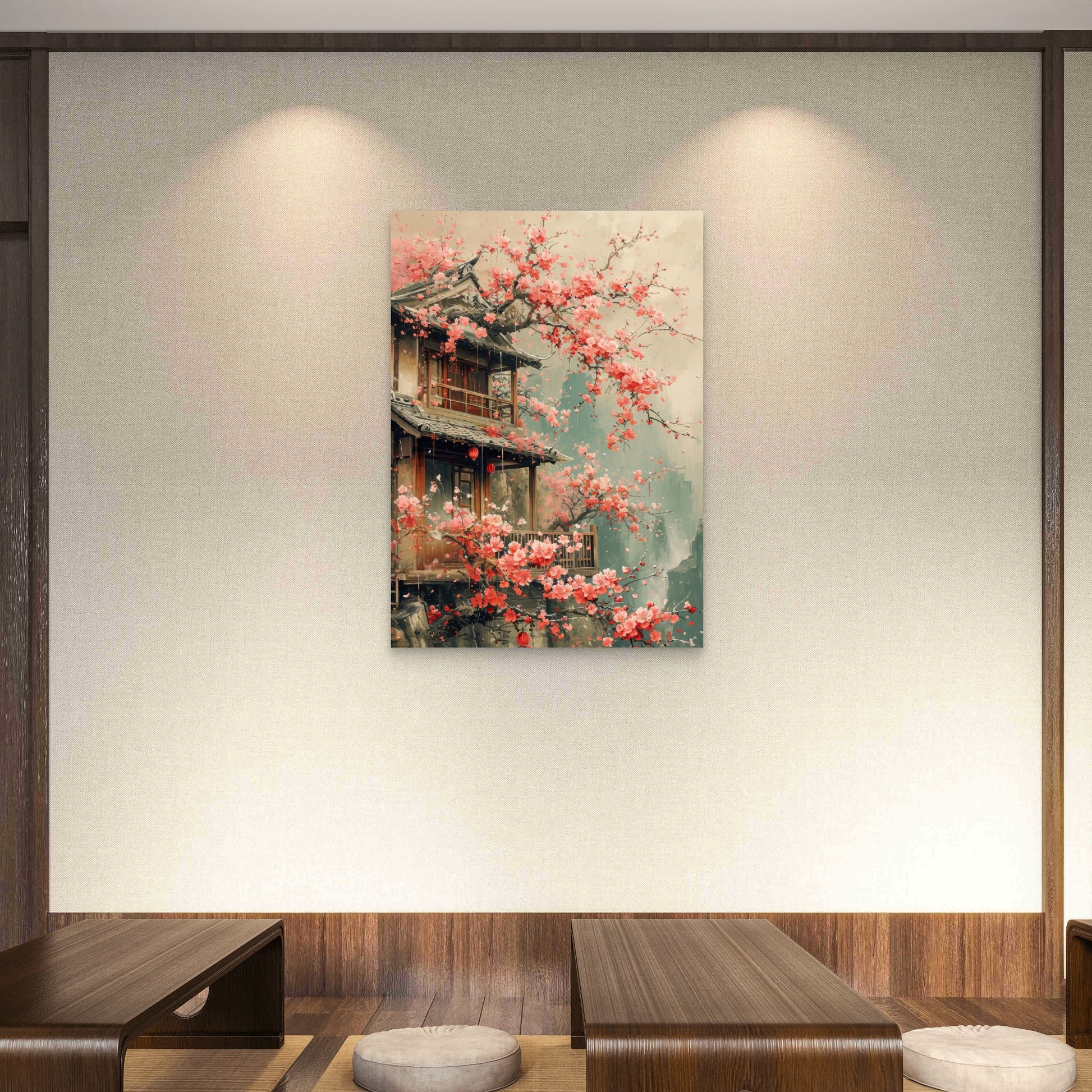 Zen Pagoda Pink Sakura Garden 60x90cm Metal Print Ready to Hang - Bella Home Decor
