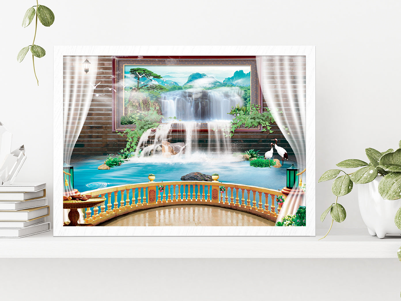 Waterfall Theme For Photomural Glass Framed Wall Art, Ready to Hang Quality Print Without White Border White