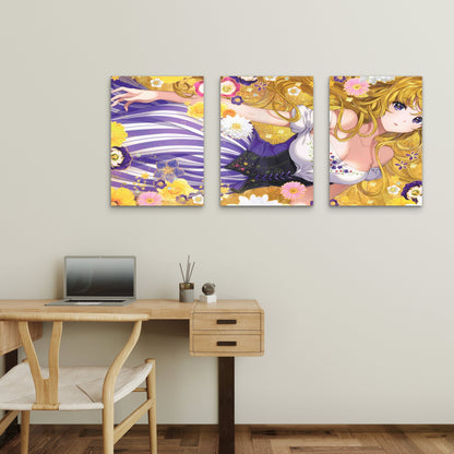 3pcs Whimsical Golden Flora Purple Corset LandscapeMetal Print Ready to Hang Art