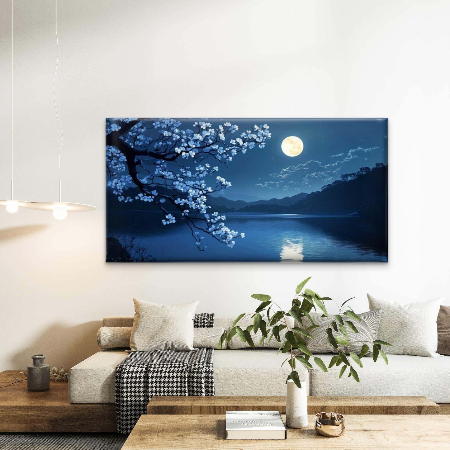 Cherry Blossom Night Sky Wall Art Canvas Office Home Room Framed 120x60cm - Bella Home Decor