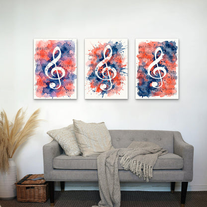 3pcs Watercolor Music Notes Treble Clef Sheet Music Splatter Red Blue Wall Art Set Canvas Framed 40x60cm - High Quality Print 100% Australian Made Wall Canvas Ready to Hang
