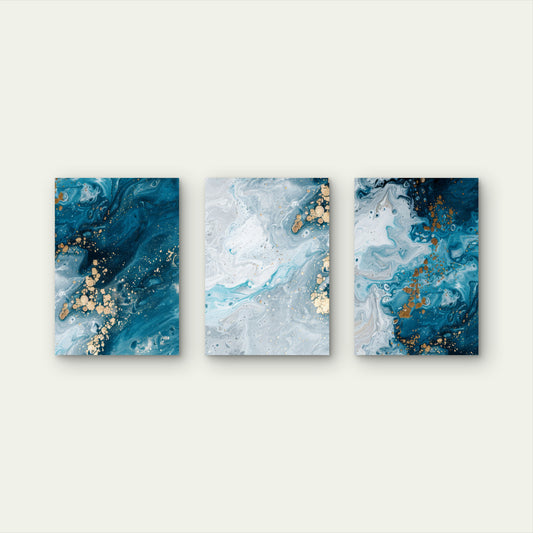 3pcs Blue Ocean Fluid Marble Abstract Wall Art Set Canvas Framed 60x90cm - High Quality Print 100% Australian Made Wall Canvas Ready to Hang