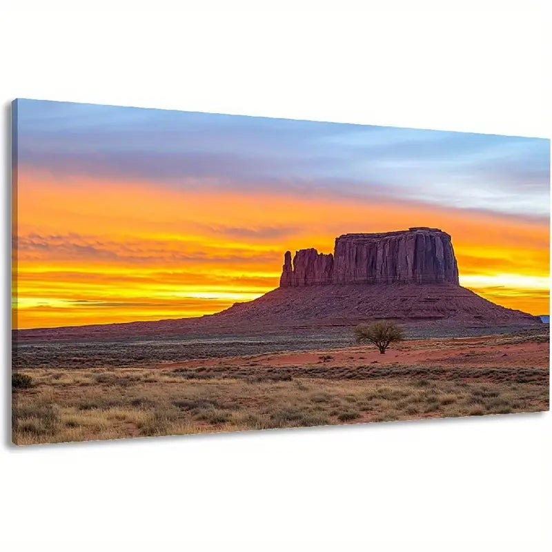 Desert Sunset Dawn Scenery Lone Tree & Rock Formations Vibrant Orange Yellow Blue Sky Wall Art canvas office home room framed 120x60cm - Bella Home Decor
