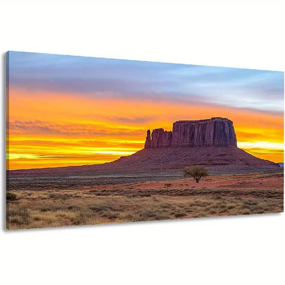 Desert Sunset Dawn Scenery Lone Tree & Rock Formations Vibrant Orange Yellow Blue Sky Wall Art canvas office home room framed 120x60cm - Bella Home Decor