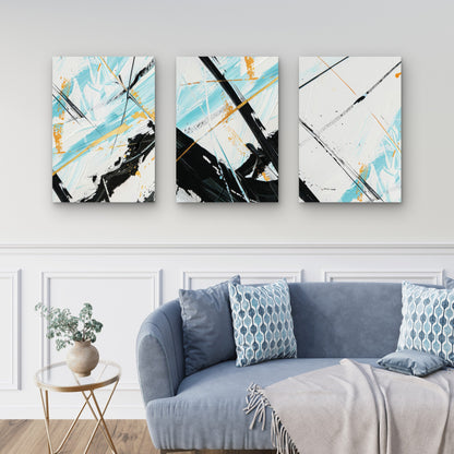 3pcs Modern Abstract Teal Black Gold Brush Wall Art Set Canvas Framed 40x60cm - High Quality Print 100% Australian Made Wall Canvas Ready to Hang