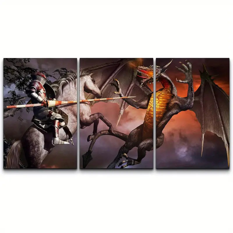 3pcs Armored Knight Jousting Magic Dragon Fantasy Metal Print Ready to Hang Art - Bella Home Decor