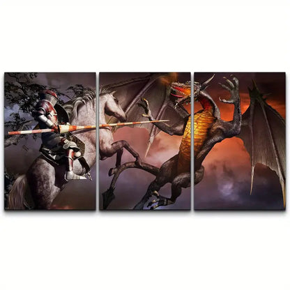3pcs Armored Knight Jousting Magic Dragon Fantasy Metal Print Ready to Hang Art - Bella Home Decor
