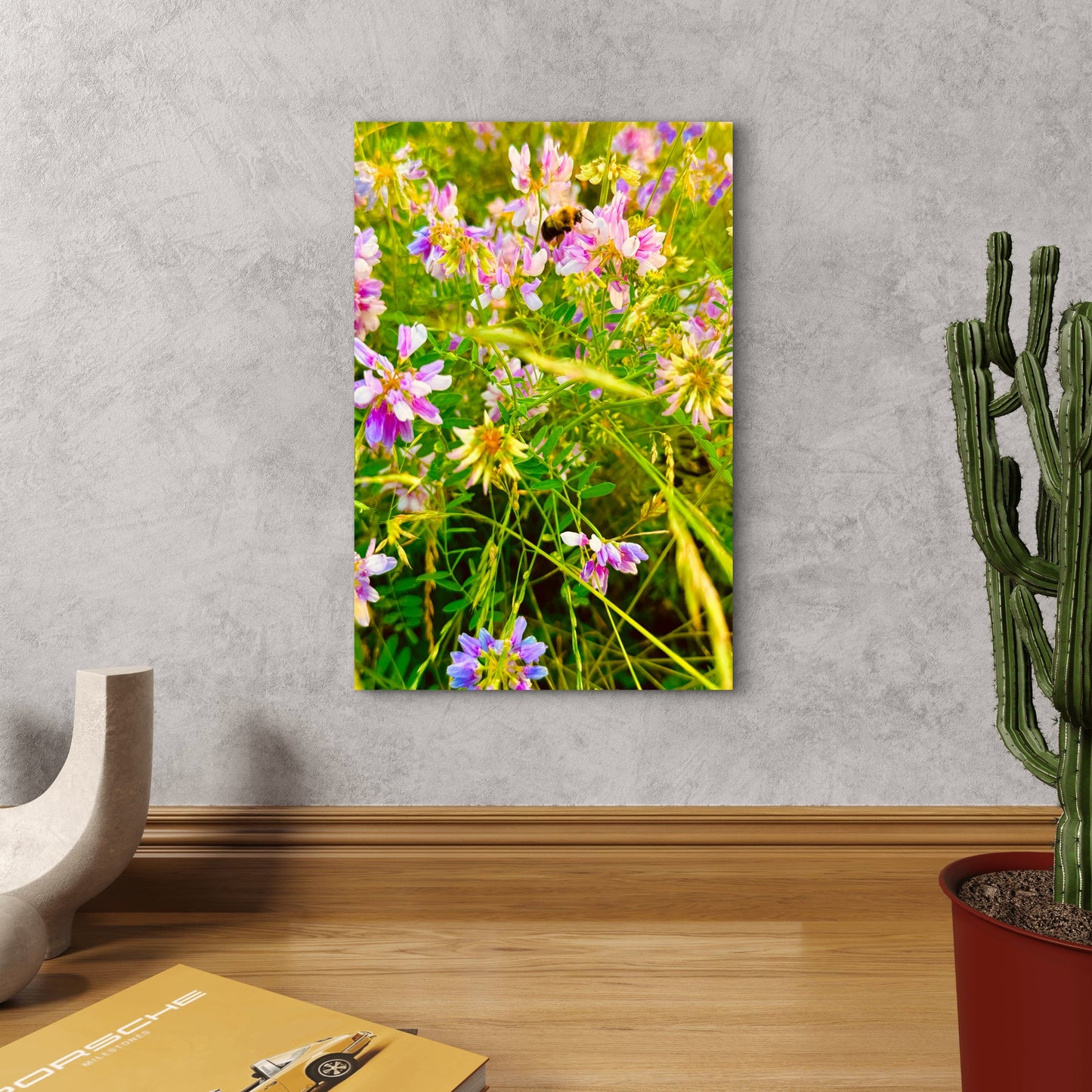 Bee on a Cluster of Crown Vetch Flowers 60x90cm Metal Print Ready to Hang