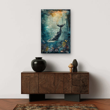 Whale Swimming Among Coral Reefs and Fish 40x60cm Metal Print Ready to Hang