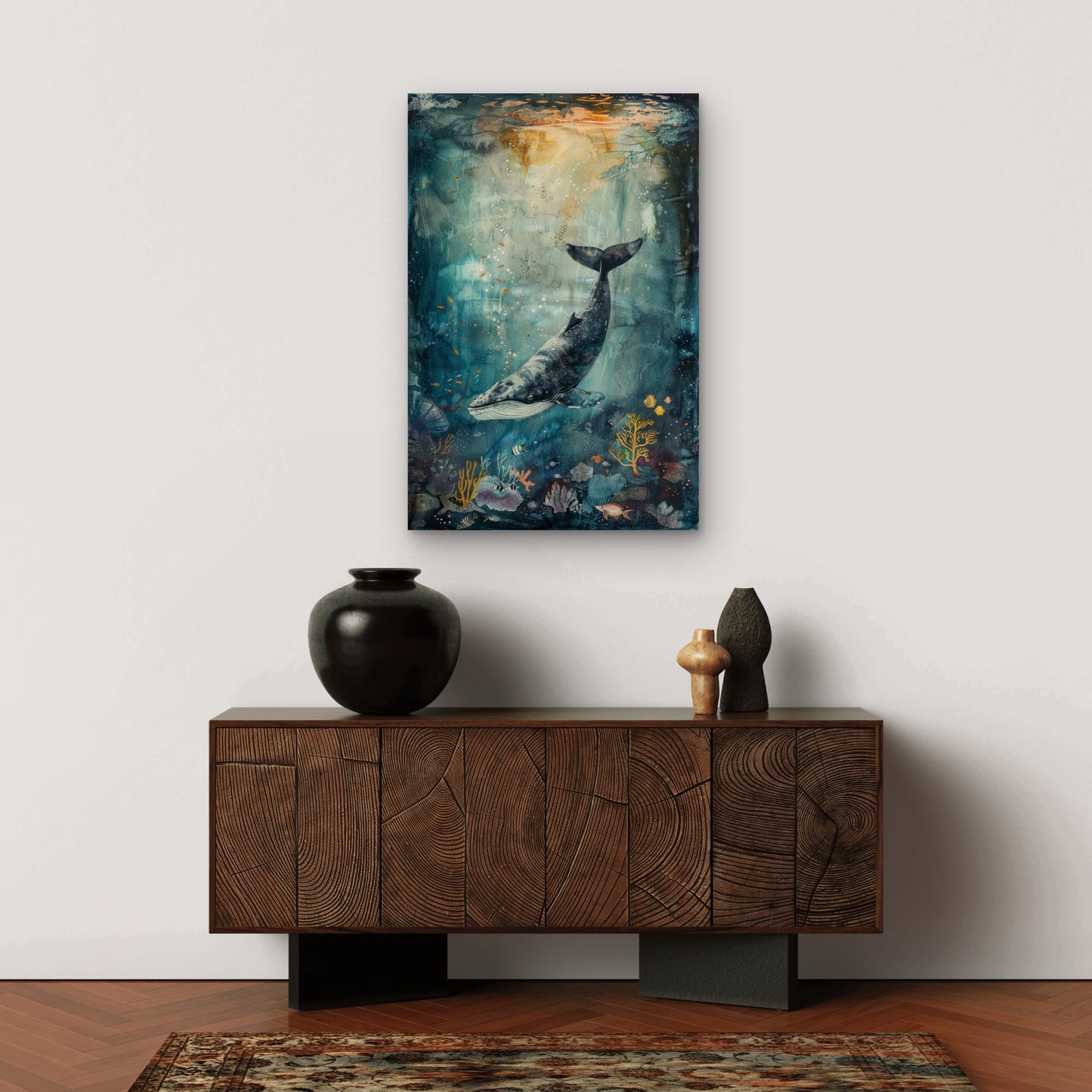Whale Swimming Among Coral Reefs and Fish 60x90cm Metal Print Ready to Hang