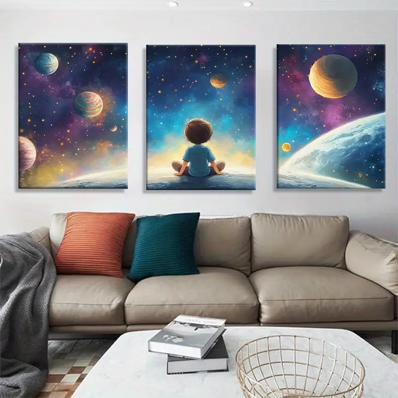 3pcs Dreamy Space Exploration Canvas Art Metal Print Ready to Hang Art - Bella Home Decor