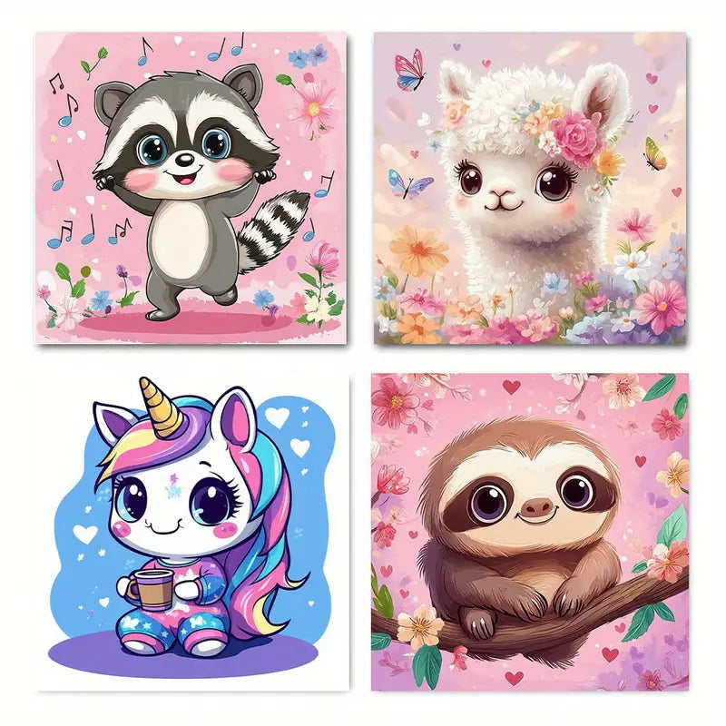 4pcs Cute Cartoon Animal ,Raccoon, Alpaca,Unicor Wall Art Canvas Framed