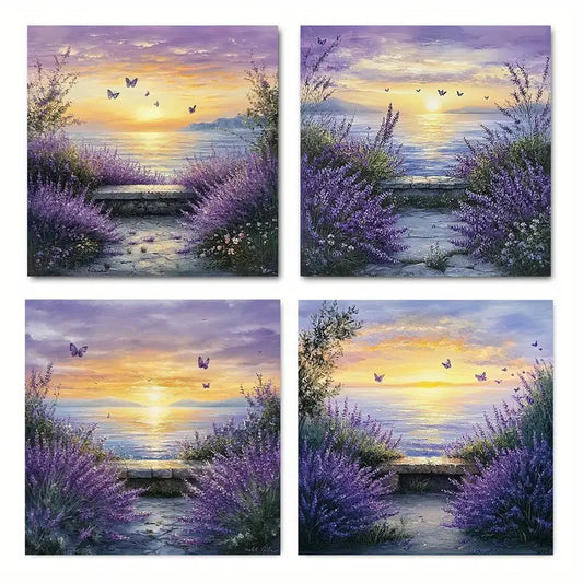 4pcs  Lavender Sunset Coast Elegant Wall Art Canvas Framed
