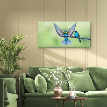 Bee Eaters With Multicolored Feathers Sitting Tree Branch Wall Art Canvas Office Home Room Framed 120x60cm
