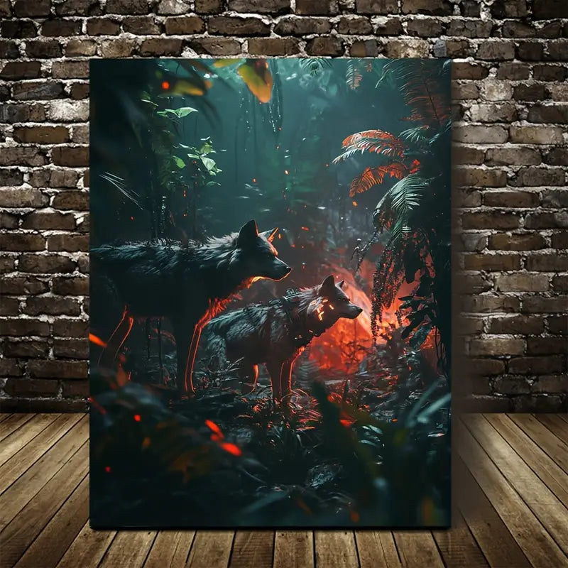 Cyberpunk Wolf Pack in Jungle Painting 40x60cm Metal Print Ready to Hang - Bella Home Decor