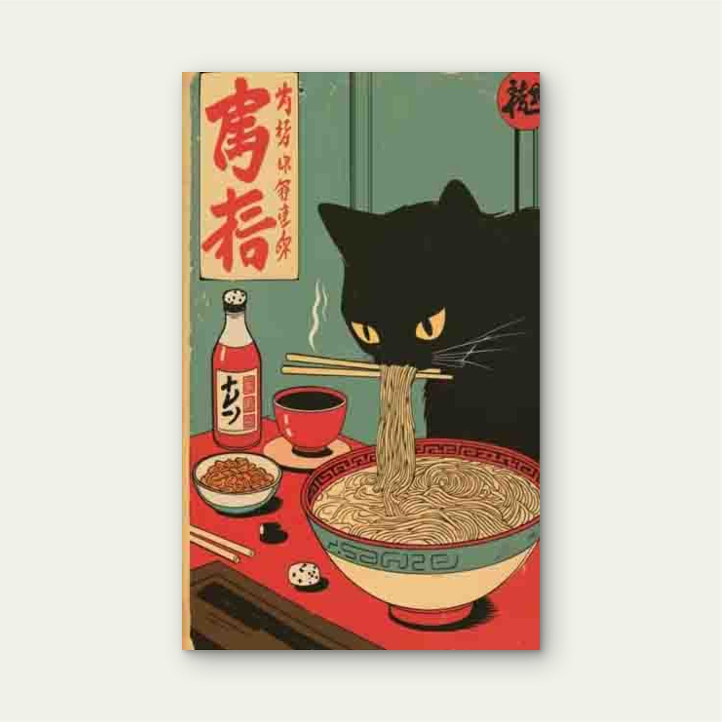 Black Cat Eating Ramen Japanese Retro Style 60x90cm Metal Print Ready to Hang