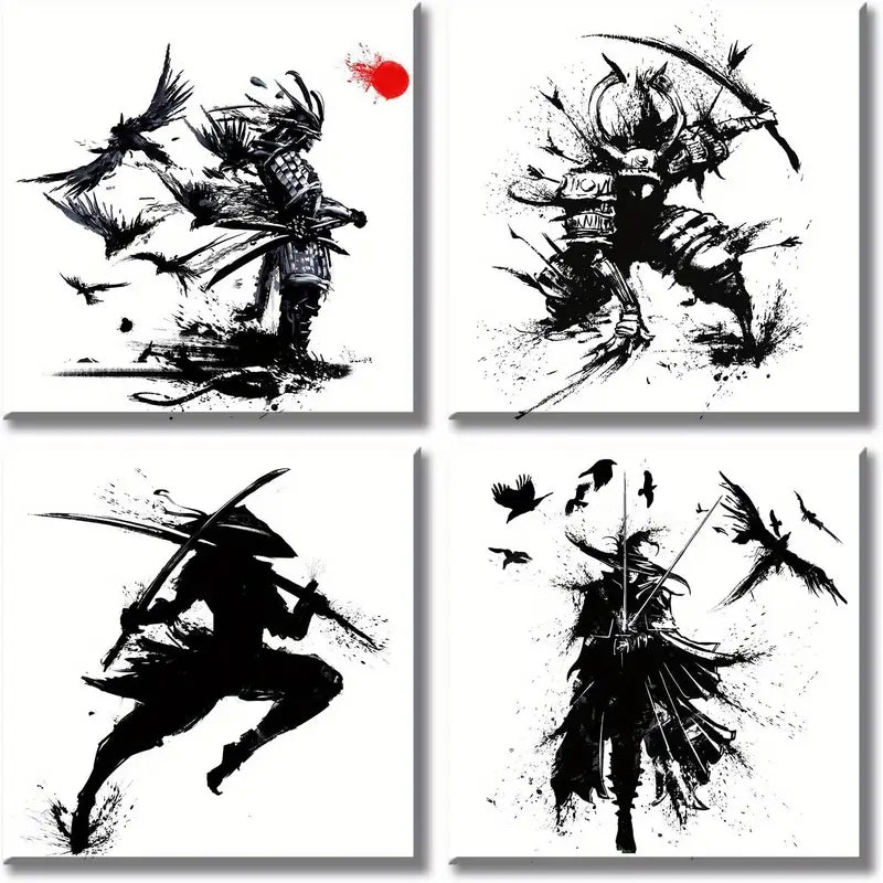 4pcs Black and White Warrior Figure With Sword Wall Art Canvas Framed - Bella Home Decor