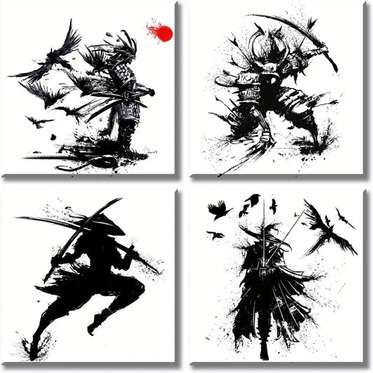 4pcs Black and White Warrior Figure With Sword Wall Art Canvas Framed