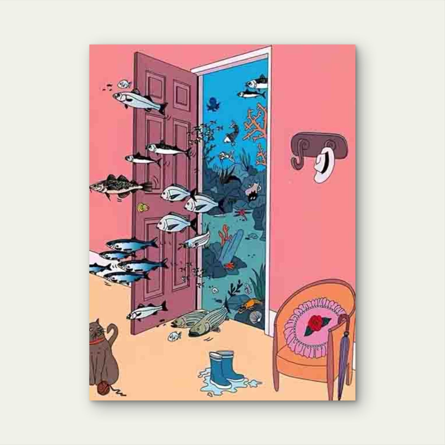 Whimsical Cat and Fish Metal Print Ready to Hang