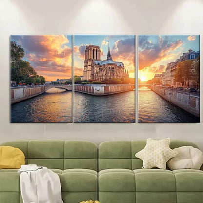 3pcs Paris Cathedral Seine River Sunset Wall Art Set Canvas Framed 60x90cm - High Quality Print 100% Australian Made Wall Canvas Ready to Hang