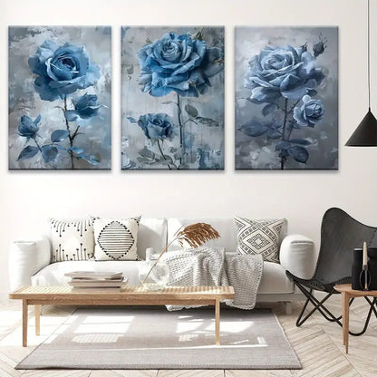 3pcs Blue Rose Contemporary Floral Metal Print Ready to Hang Art - Bella Home Decor