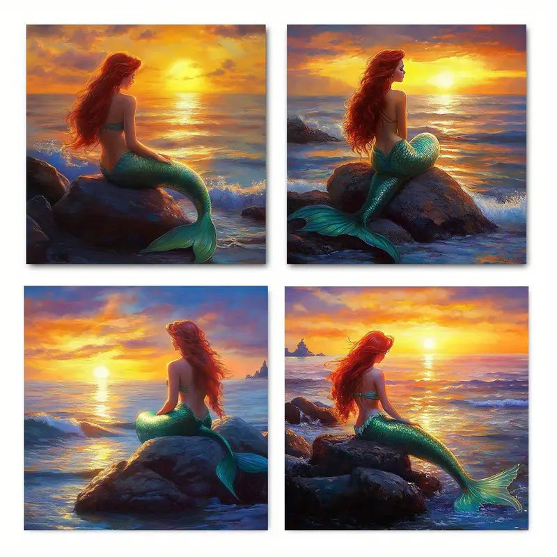 4pcs  Mermaid Sunset Sea  DF    Wall Art Canvas Framed