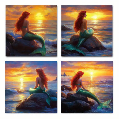 4pcs  Mermaid Sunset Sea  DF    Wall Art Canvas Framed