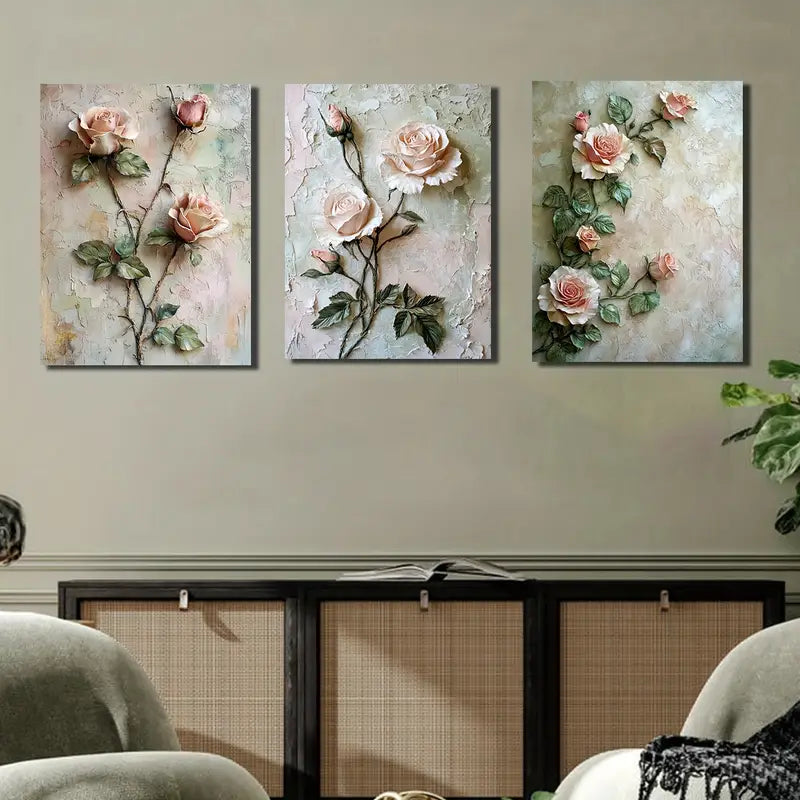3pcs Roses On Textured Metal Print Ready to Hang Art
