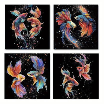 4pcs Betta Fish Design With Sparkling Stars Wall Art Canvas Framed