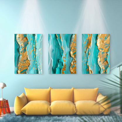 3pcs Modern Teal and Gold Abstract Painting  Wall Art Set Canvas Framed 40x60cm - High Quality Print 100% Australian Made Wall Canvas Ready to Hang