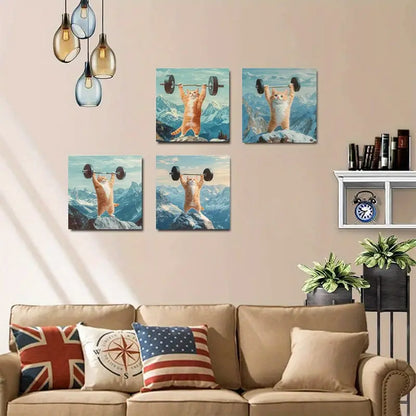 4pcs Fun Cat Weightliftin Picture Wall Art Canvas Framed