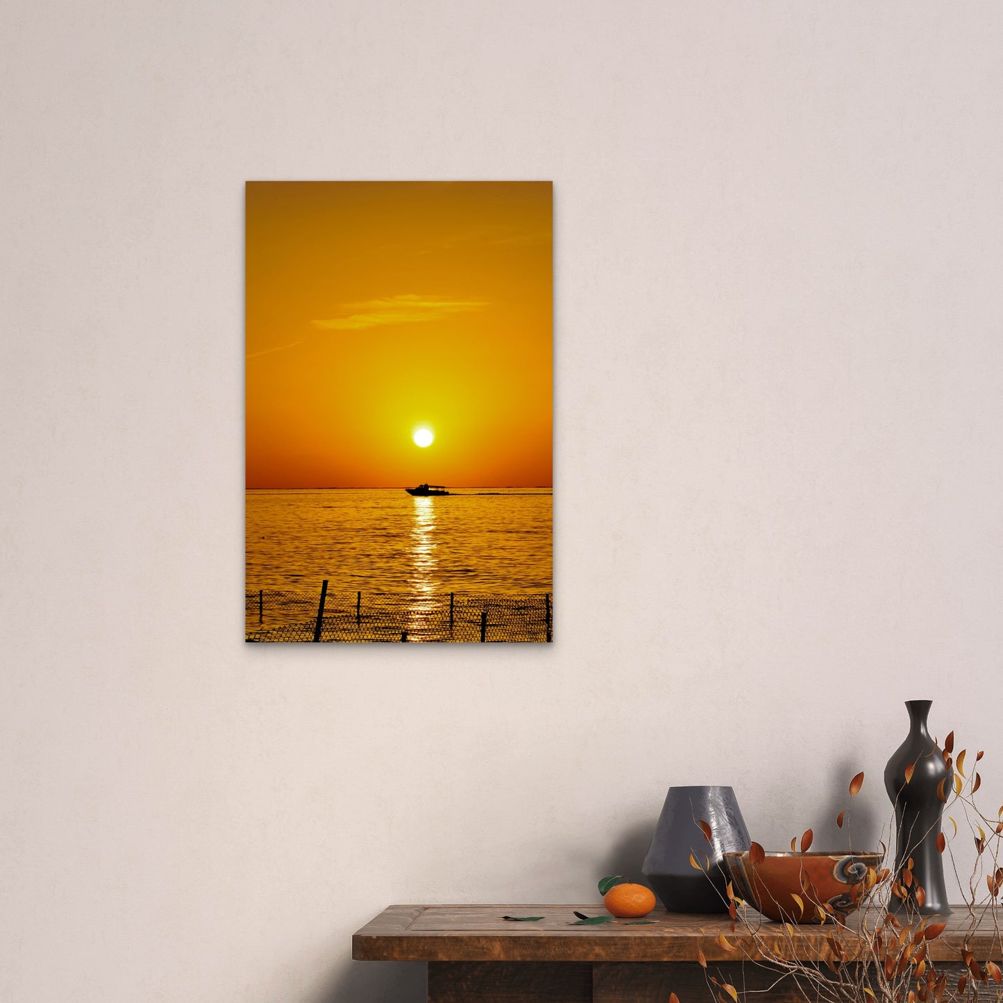 Golden Ocean Sunset Boat Silhouette 40x60cm Metal Print Ready to Hang