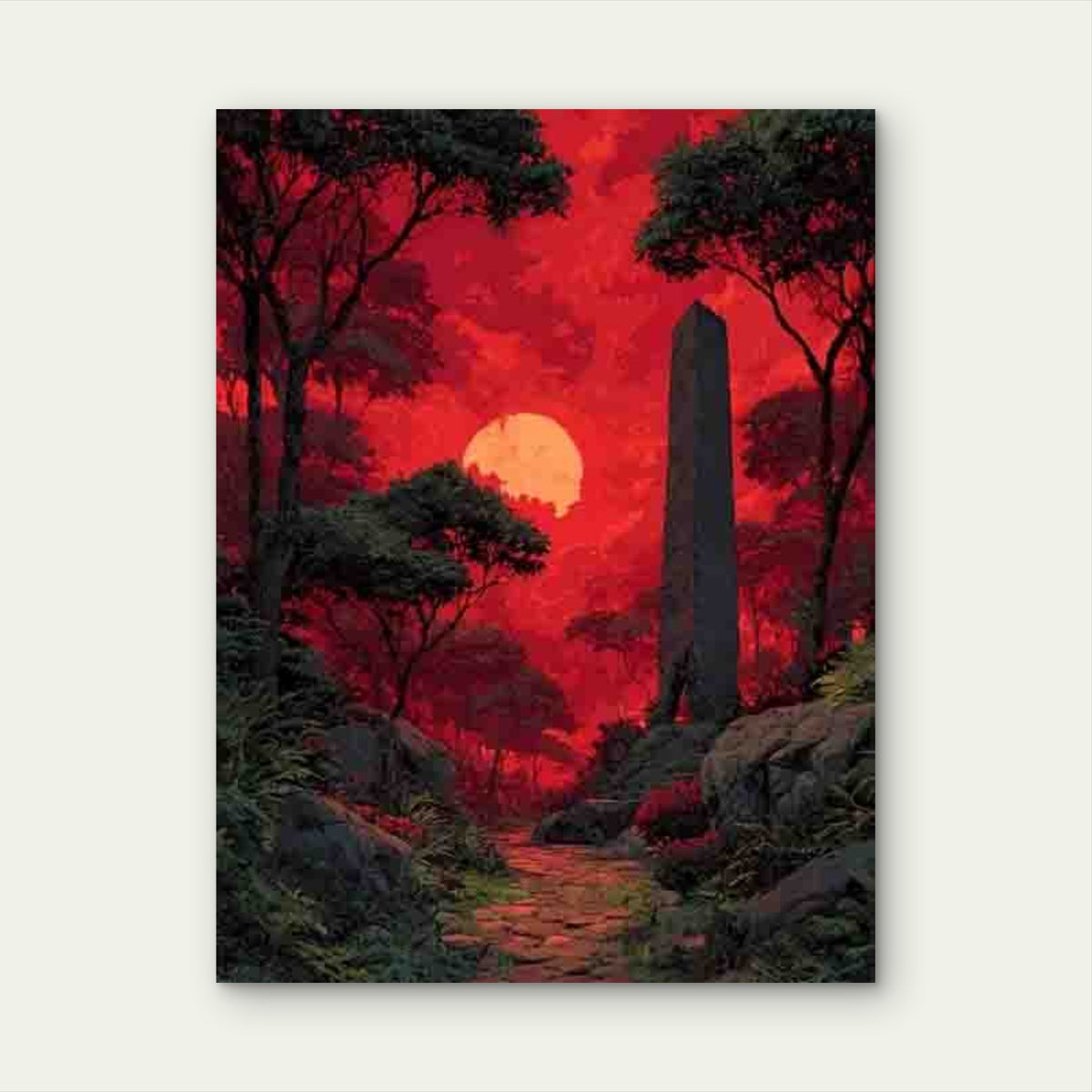 Enigmatic Red Twilight Ancient Obelisk Forest Metal Print Ready to Hang