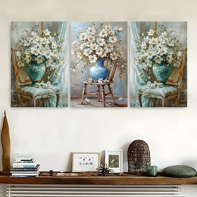 3pcs Featuring A Flower Bouquet On A Chair Metal Print Ready to Hang Art
