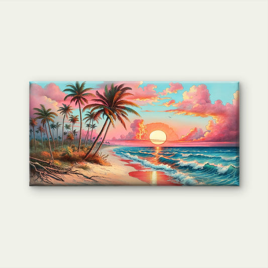 Tropical Beach Pink Sunset Wall Art Canvas Office Home Room Framed 120x60cm