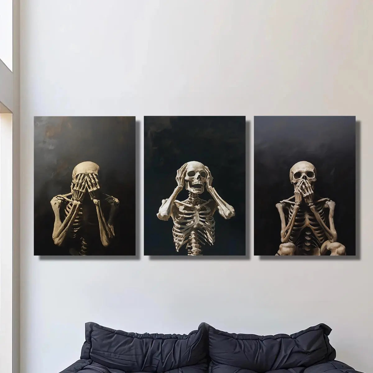 3pcs Featuring Skeletons Creativity, Shyness, And Fear Metal Print Ready to Hang Art