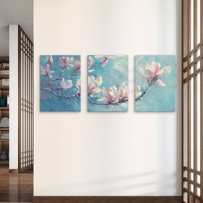 3pcs Pink Magnolias on Blue Background Wall Art Set Canvas Framed 60x90cm - High Quality Print 100% Australian Made Wall Canvas Ready to Hang