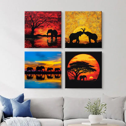 4pcs  Vibrant Elephant Silhouettes Wall Art Canvas Framed