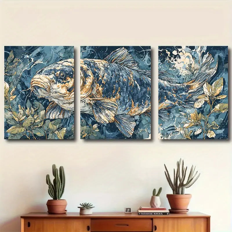 3pcs White Golden Koi Fish With Metallic Golden Metal Print Ready to Hang Art